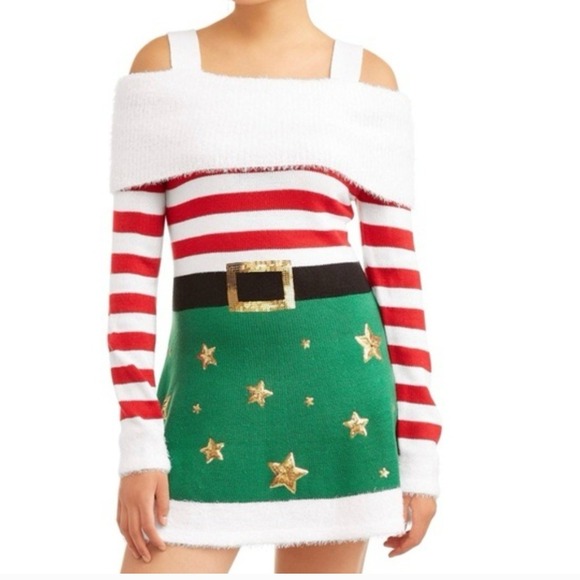 Holiday Time Womens Christmas Dress XL Elf Santa Costume Striped Off Shoulder - Picture 1 of 6